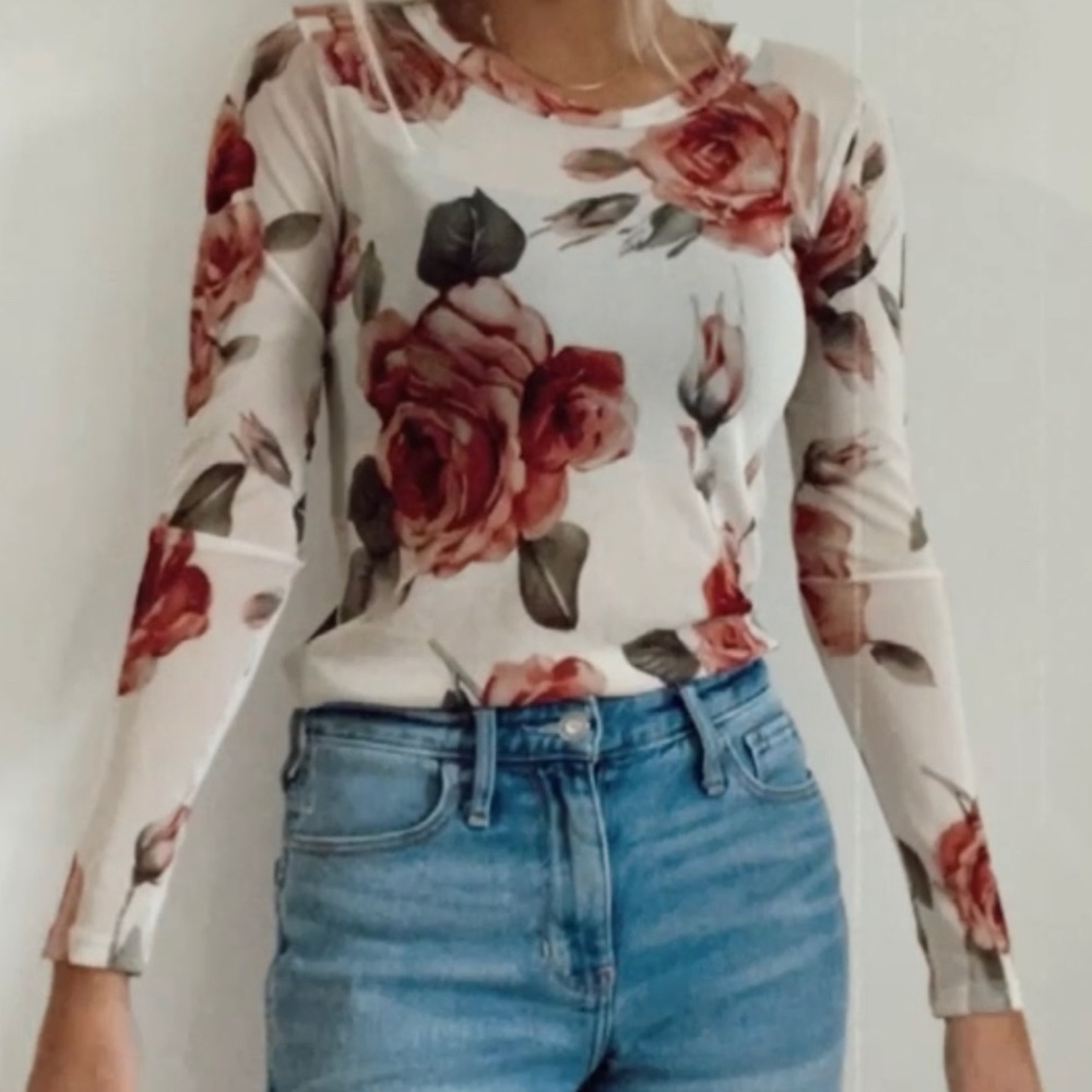 Sheer long sleeve shirt with roses on it